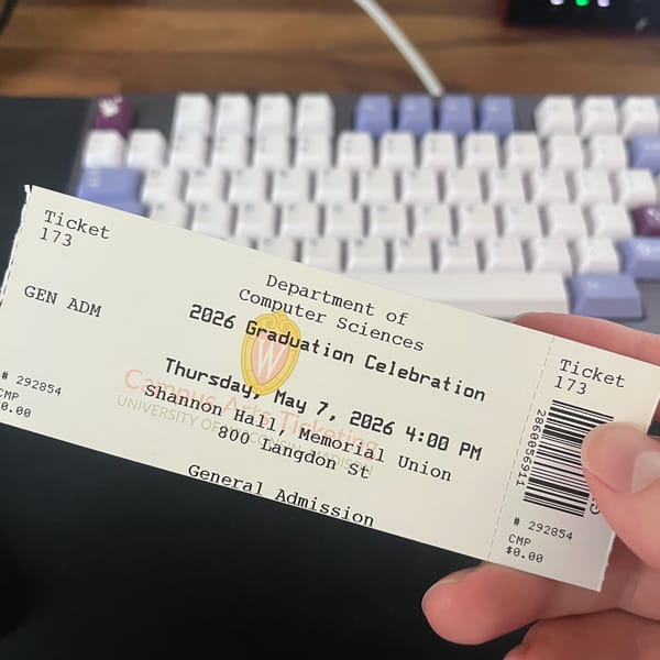 A ticket to the CS graduation ceremony in Memorial Union on Thursday, May 7, 2026.