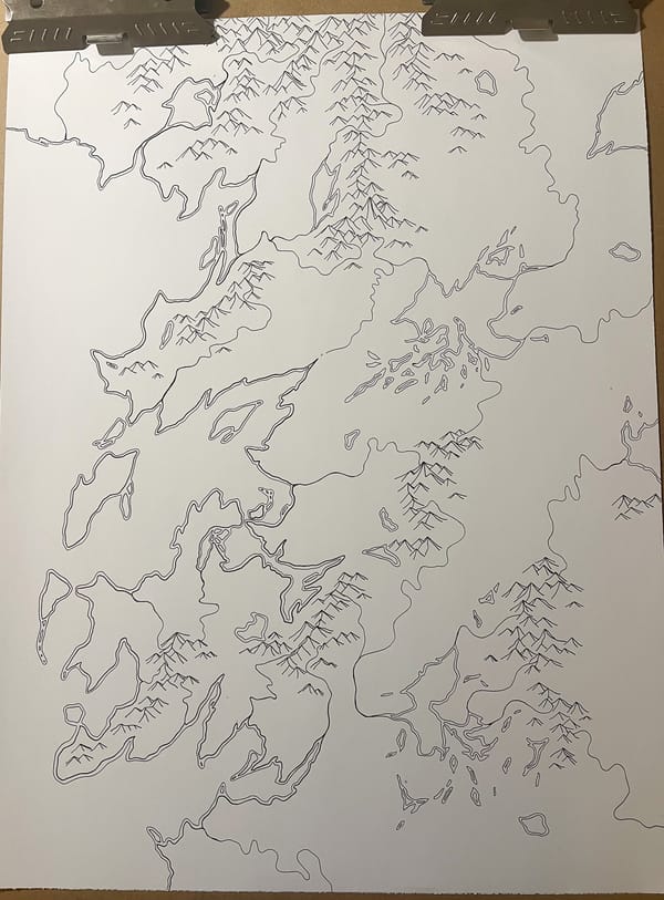 Hand-drawn map of fantasy continent.