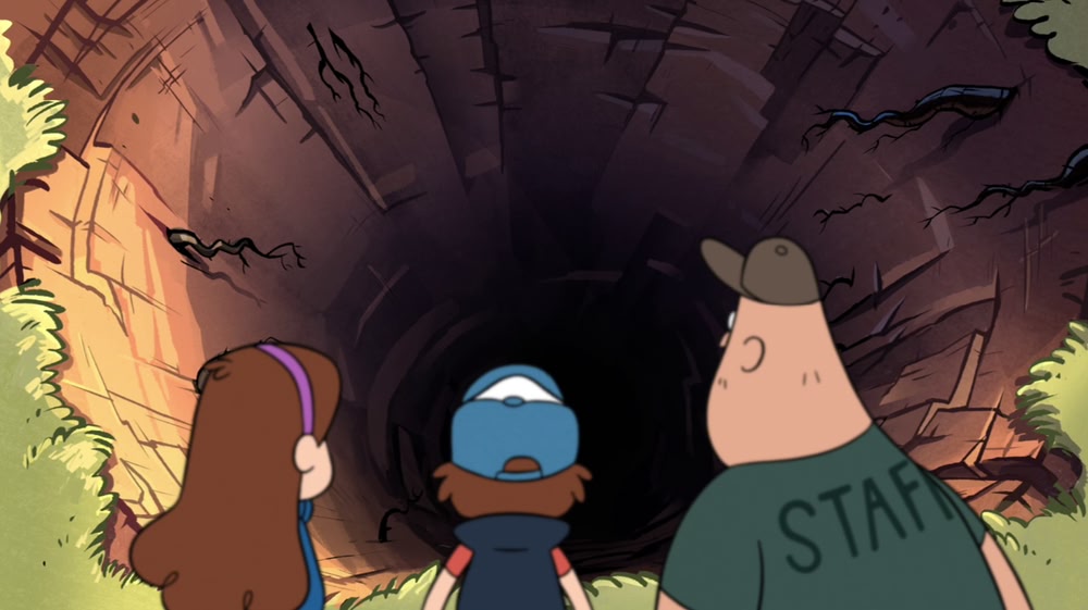 Three individuals gazing into a bottomless pit in the earth