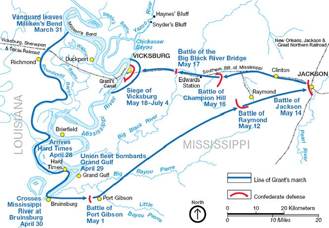 Grant's Vicksburg Campaign. Blue arrows trace his march south from Milliken's Bend, across the Mississippi at Bruinsburg, then east to Jackson before turning west to besiege the city. Confederate defenses marked in red.