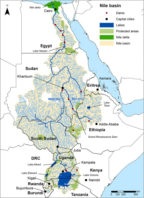 The Nile River Basin, spanning eleven nations from Egypt to Tanzania. The White Nile and Blue Nile converge at Khartoum before snaking north through Sudan and Egypt to the delta. Dams, capital cities, lakes, and protected areas marked throughout.