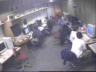 Grainy late-90s webcam shot of the UPL packed with students working at CRT monitors.